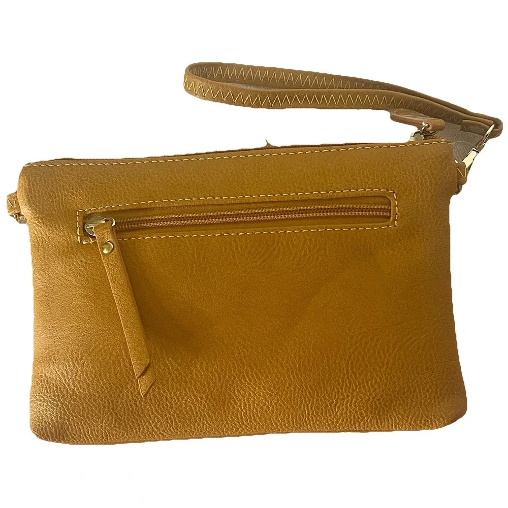 Mustard Yellow Wristlet Crossbody Hand Painted Yorkie Dog 3 Zip NWT